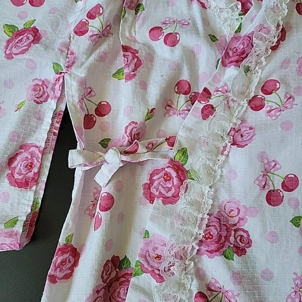 Yukata Girls 7-8 Kimono Top Rose Cherry Print Japanese‎ Botanical Retro Summer